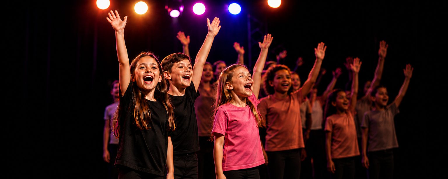 Performers Playhouse Summer Camps, kids on stage mid-performance